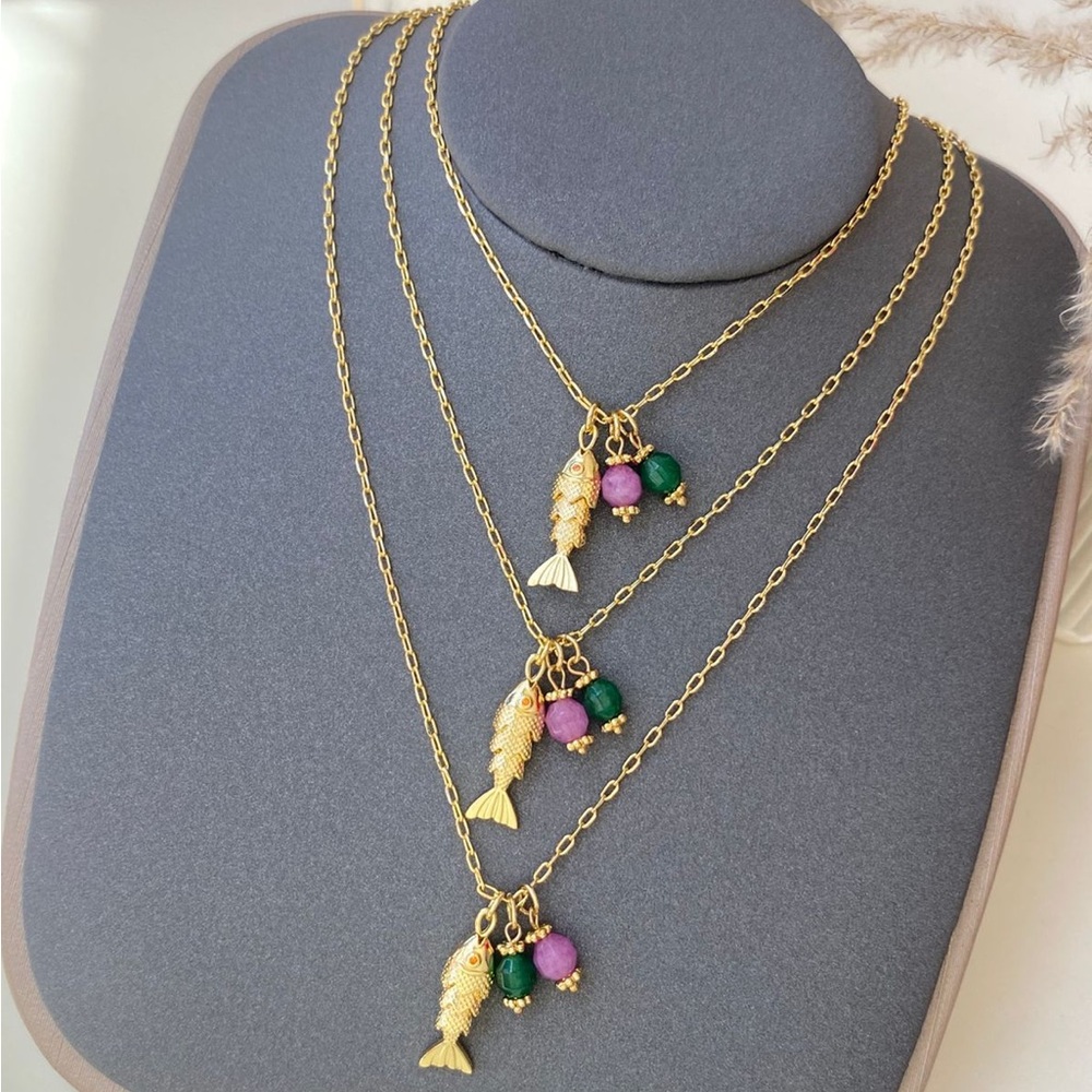 Gold Fish Pendant Layered Necklace with Green & Purple Beads